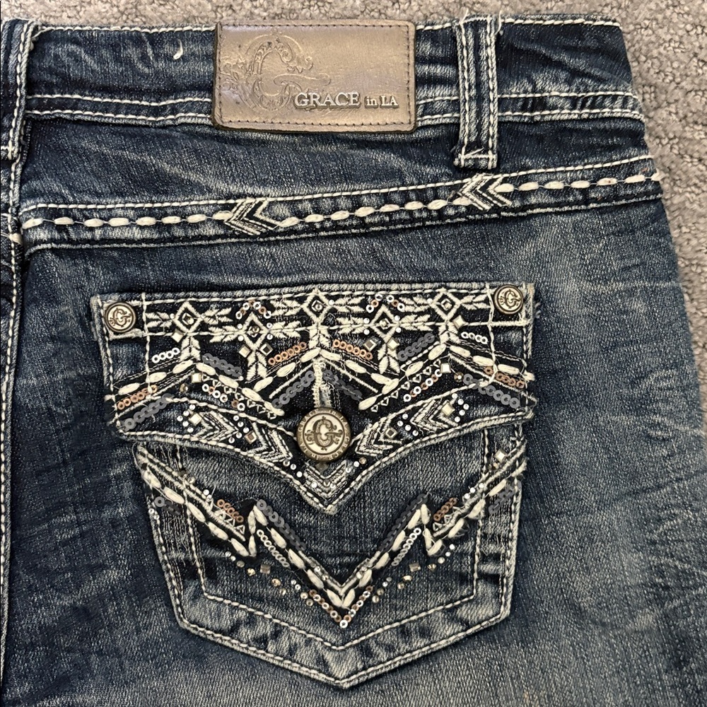 Grace in LA Embellished Bootcut Jeans in Faded Blue 30